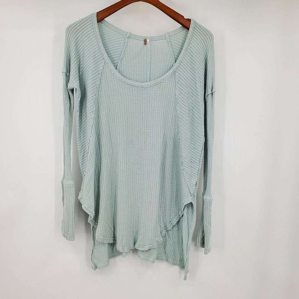 Free People We The Free Sage Green Waffle Knit Thermal Top Scoop Neck Med Boho